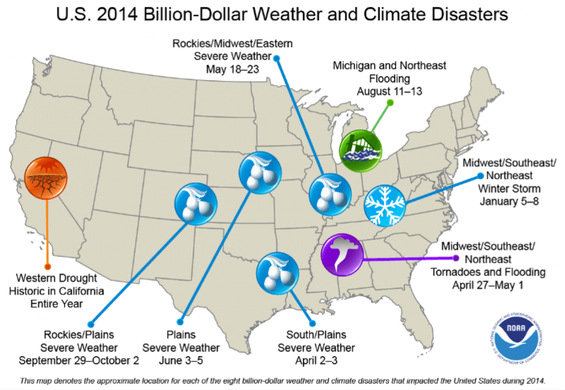 Map summarizing the billion-dollar disasters in the United States in 2014