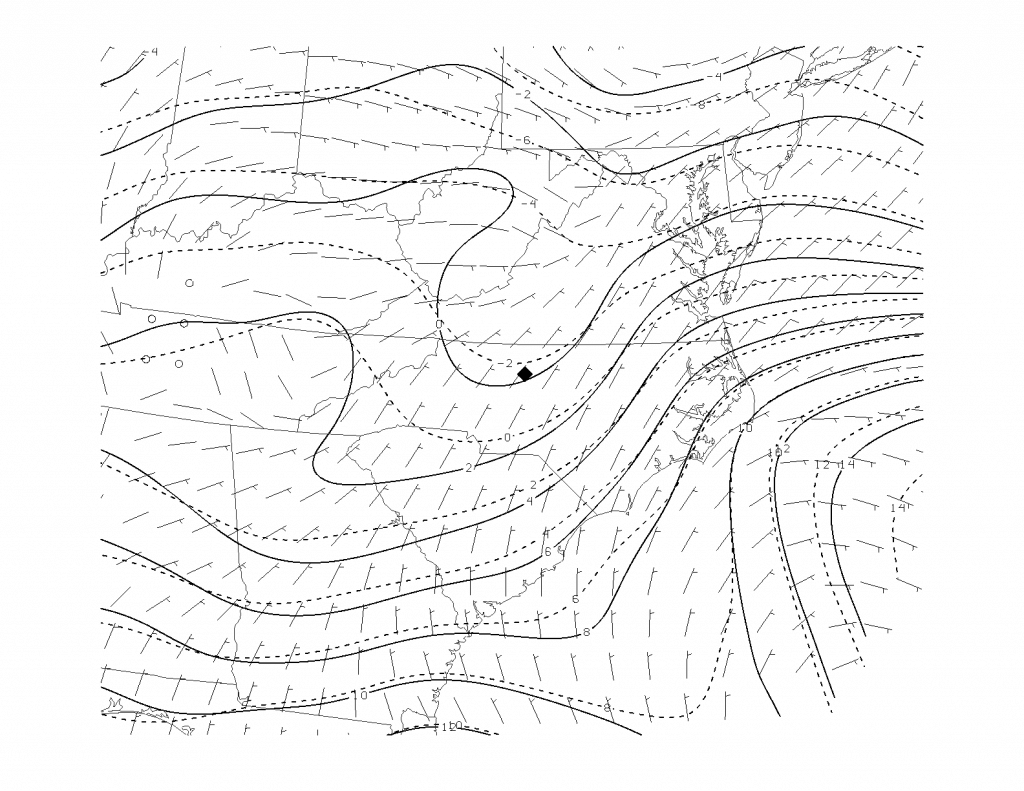 Mean surface composite during freezing rain associated with cold-air damming (Greensboro, NC was the study point). Solid lines are isotherms (ºC), dashed isodrosotherms (dew point, ºC). Wind barbs in knots. Image credit: Chris Robbins, M.S. Thesis