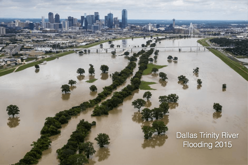 Trinity River flooding 2015, Dallas skyline. Credit: Dallas Morning News