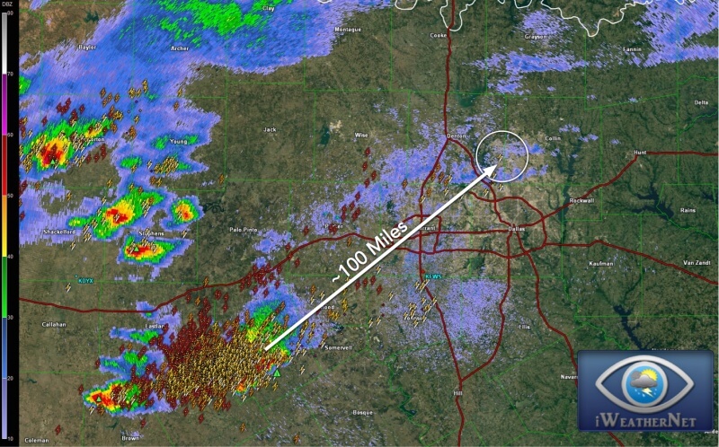 Anvil lightning occurring approximately 100 miles downstream of the parent thunderstorm.