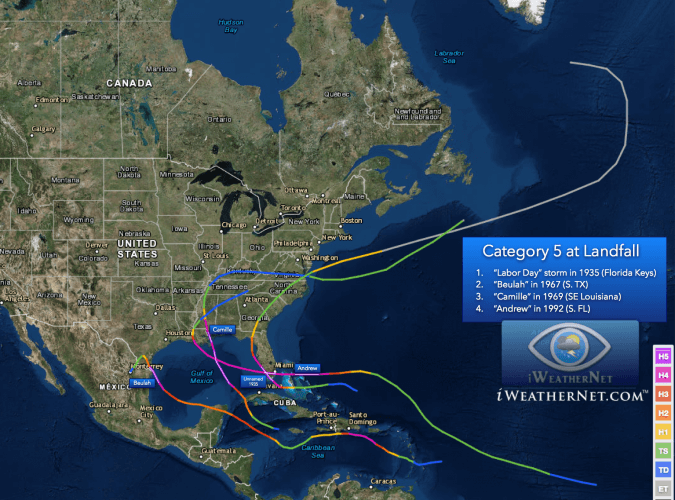 Map showing the four hurricanes that made landfall in the United States as a category 5.  White line segments show the portion of the storms' track at category 5.